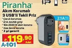 PİRANHA AKIM KORUMALI 3 USB'Lİ TEKLİ PRİZ PİRANHA AKIM KORUMALI 3 USB'Lİ TEKLİ PRİZ